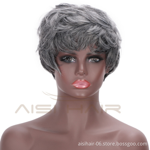 Aisi Hair Synthetic Ombre Grey Hair Bob Style Short Wigs for Women Black Cosplay Short Wigs with Neat Bangs